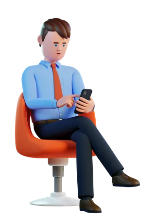 O Homem 3 D Senta Se Em Uma Cadeira Com O Smartphone Nas Maos Empresario Usa Smartphone Enquanto Esta Sentado 3D Illustration
