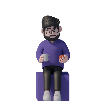 Homem senta-se no cubo e toma café  3D Icon