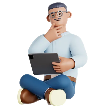 Homem sentado com um pensamento e segurando um tablet  3D Illustration