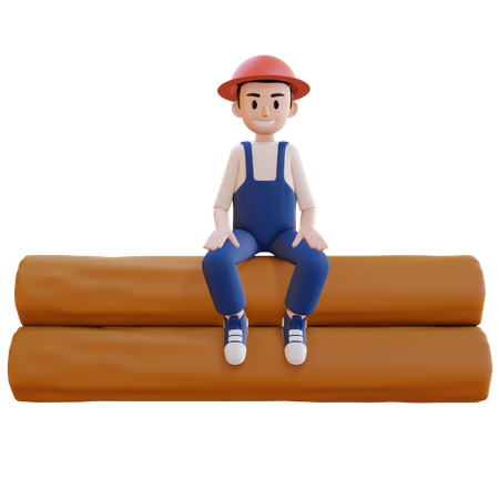Homem sentado em canos de madeira  3D Illustration