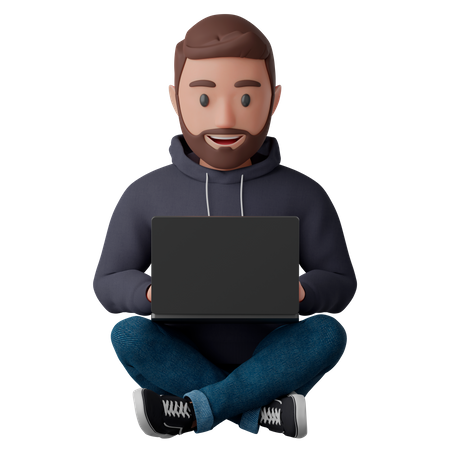 Homem sentado em posição de lótus com um laptop  3D Illustration