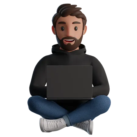 Homem sentado em posição de lótus com um laptop  3D Illustration
