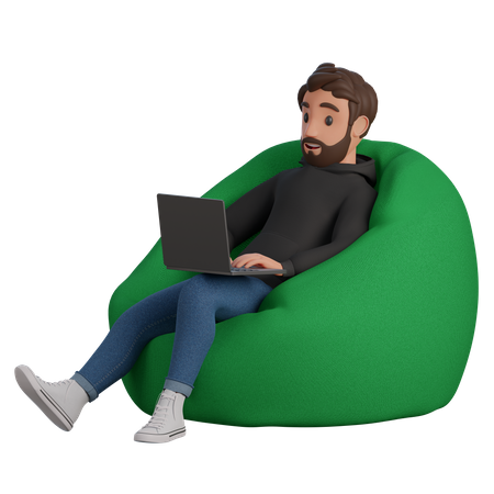 Homem sentado em um banquinho acolchoado com um laptop e sorrindo  3D Illustration