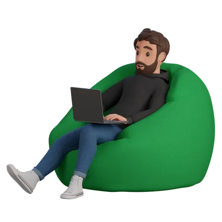 Um Homem Com Capuz Preto E Jeans Azul Esta Sentado Em Um Pufe Com Uma Ilustracao De Renderizacao 3 D De Laptop 3D Illustration