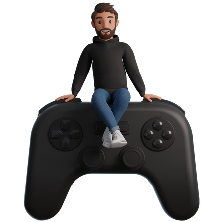 Homem sentado em um gamepad  3D Illustration