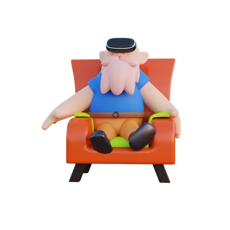 Homem sentado em um sofá e curtindo com fone de ouvido VR  3D Illustration
