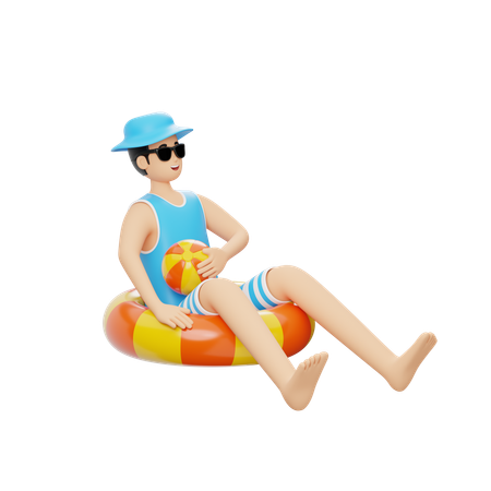 Homem sentado em um tubo flutuante na praia  3D Illustration