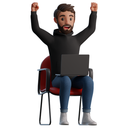Homem sentado em uma cadeira com um laptop está feliz  3D Illustration