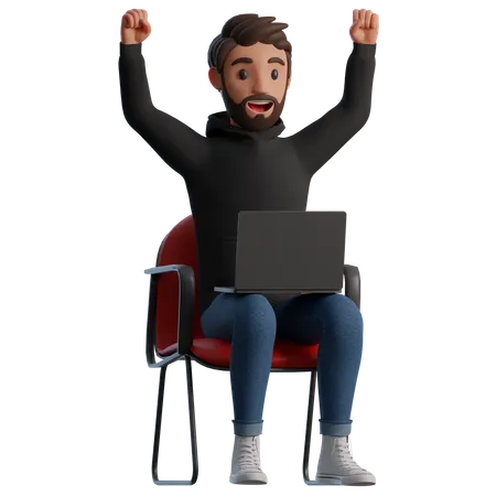 Homem sentado em uma cadeira com um laptop está feliz  3D Illustration