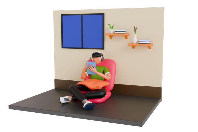Homem sentado em uma cadeira e usando um tablet  3D Icon
