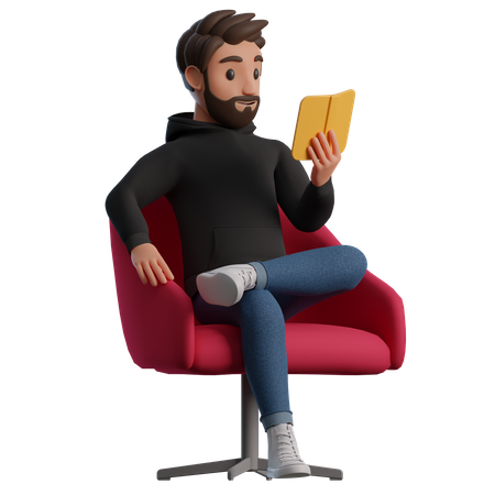 Homem sentado em uma cadeira lendo um livro  3D Illustration