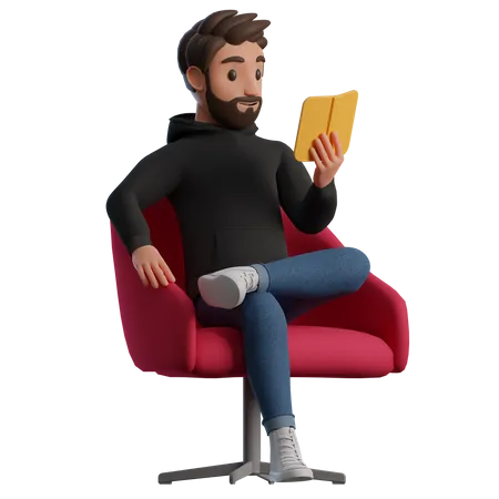 Homem sentado em uma cadeira lendo um livro  3D Illustration