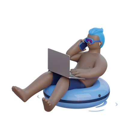 Homem senta-se em uma bóia com laptop  3D Illustration