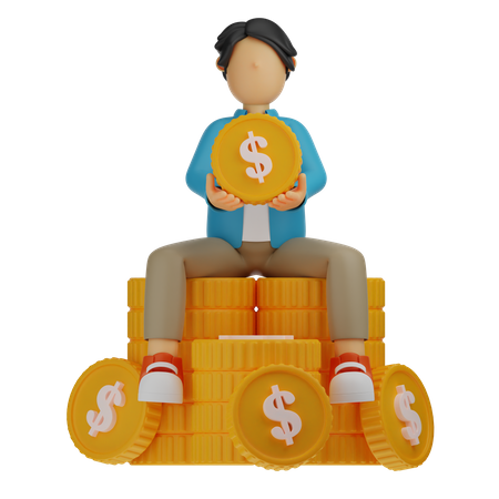 Homem sentado na pilha de moedas de ouro  3D Illustration