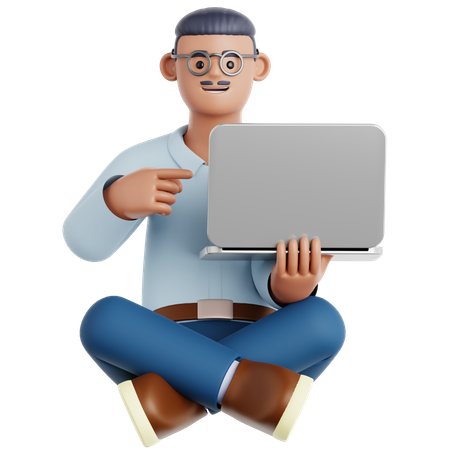 Homem sentado no chão apontando para o laptop  3D Illustration