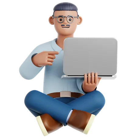 Homem sentado no chão apontando para o laptop  3D Illustration