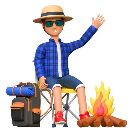 Homem sentado perto da fogueira  3D Illustration