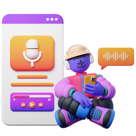 Homem Transmitindo Podcast Usando Celular  3D Illustration