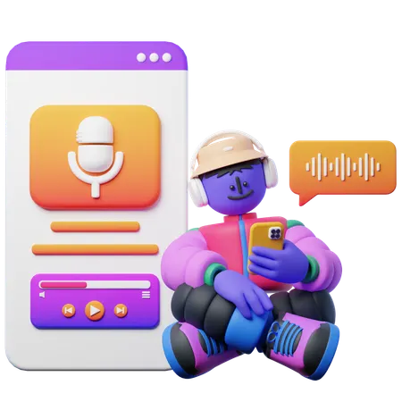 Homem Transmitindo Podcast Usando Celular  3D Illustration