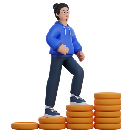 Homem subindo escadas de moedas  3D Icon