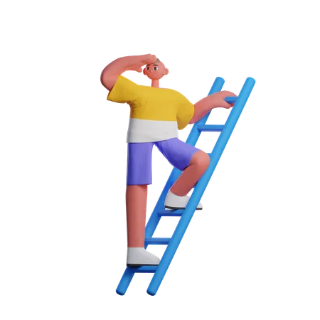 Homem subindo escadas e procurando algo  3D Illustration