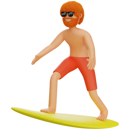 Homem surfando na praia  3D Illustration