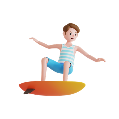 Homem surfando na praia usando prancha de surf  3D Illustration