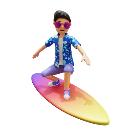 Homem surfando na praia usando prancha de surf  3D Illustration