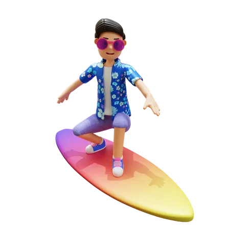 Homem surfando na praia usando prancha de surf  3D Illustration