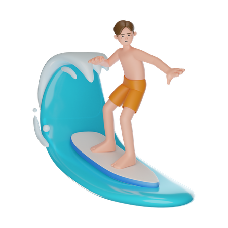 Homem surfando na praia usando prancha de surf  3D Illustration