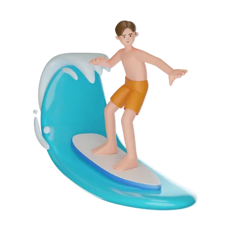 Homem surfando na praia usando prancha de surf  3D Illustration