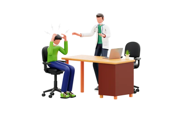 Homem tendo ataque de pânico em check-up médico  3D Illustration