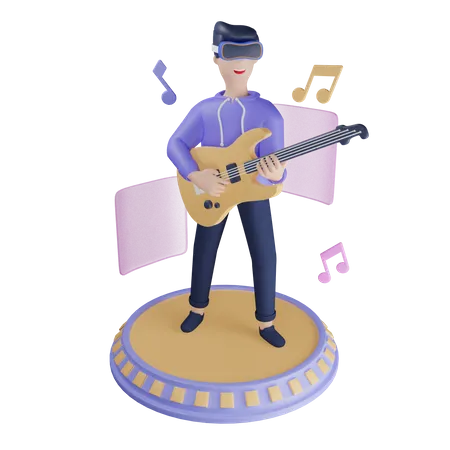 Homem tocando guitarra no metaverso  3D Illustration