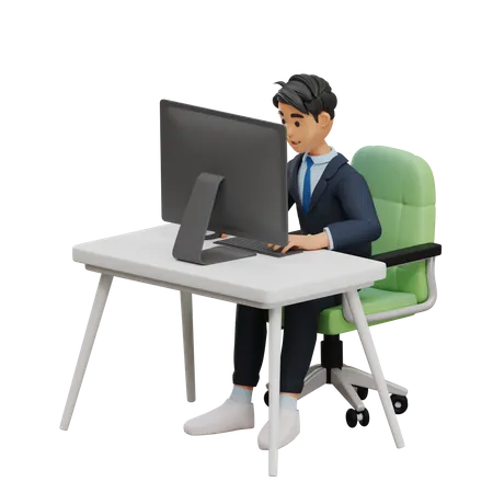 Homem trabalha na mesa do computador  3D Illustration
