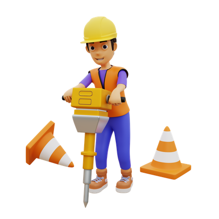 Trabalhador da construção civil masculino perfurando com martelo  3D Illustration