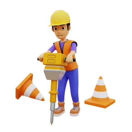 Trabalhador da construção civil masculino perfurando com martelo  3D Illustration
