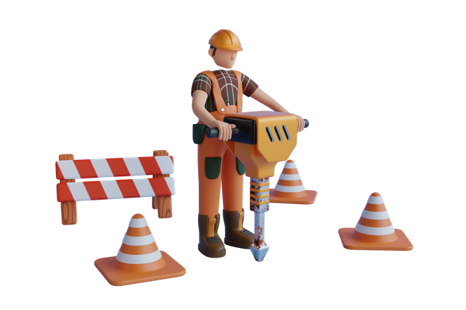 Homem trabalhador rodoviário trabalhando com britadeira elétrica  3D Illustration
