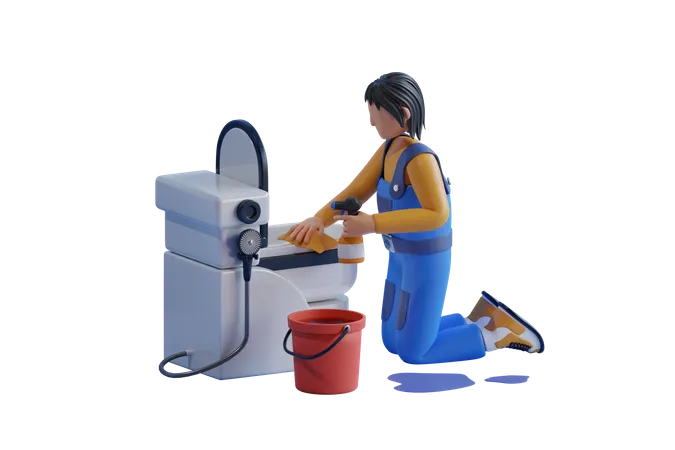 Ilustracao 3 D De Um Trabalhador Limpando Um Banheiro Servicos De Limpeza Estao Disponiveis Mulher Limpando A Pia Do Banheiro 3D Illustration