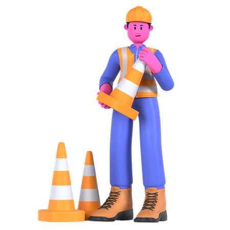 Trabalhador masculino segurando cone de trânsito  3D Illustration