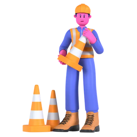 Trabalhador masculino segurando cone de trânsito  3D Illustration