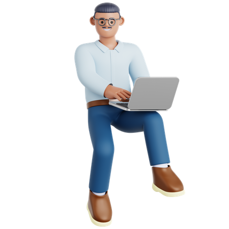 Homem trabalhando com laptop voando no ar  3D Illustration