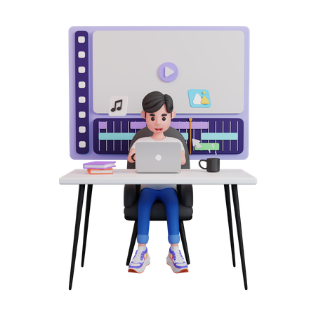 Homem trabalhando como editor de vídeo  3D Illustration