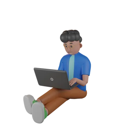 Ilustracao 3 D De Estudante Sentado Com Laptop 3D Illustration
