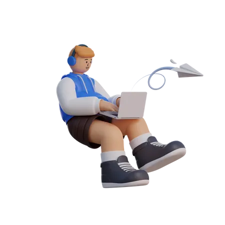 Homem Flutua Com Seu Laptop 3D Illustration