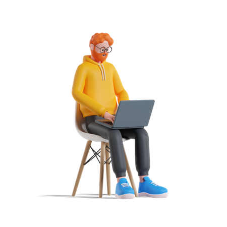 Homem trabalhando no laptop enquanto está sentado na cadeira  3D Illustration