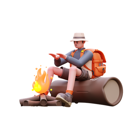 Homem turista se aquece perto da fogueira  3D Illustration