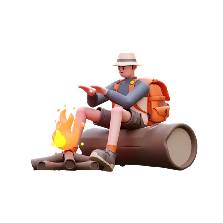 Homem turista se aquece perto da fogueira  3D Illustration