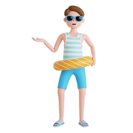 Homem usando anel flutuante de praia  3D Illustration