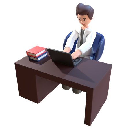 Homem usando laptop na mesa de trabalho  3D Illustration