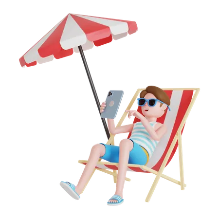 Homem usando celular enquanto está sentado na cadeira de praia  3D Illustration